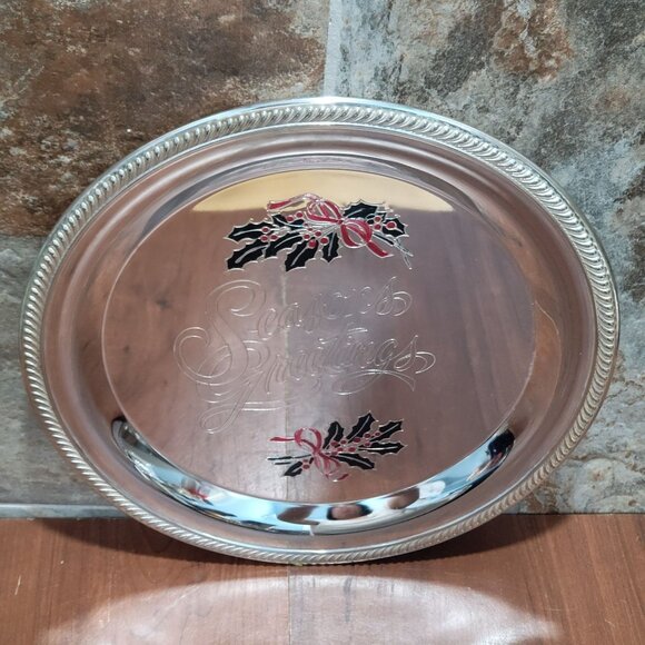 International Silver Plated Seasons Greetings Metal Serving Platter Holly Berrie - Picture 1 of 14